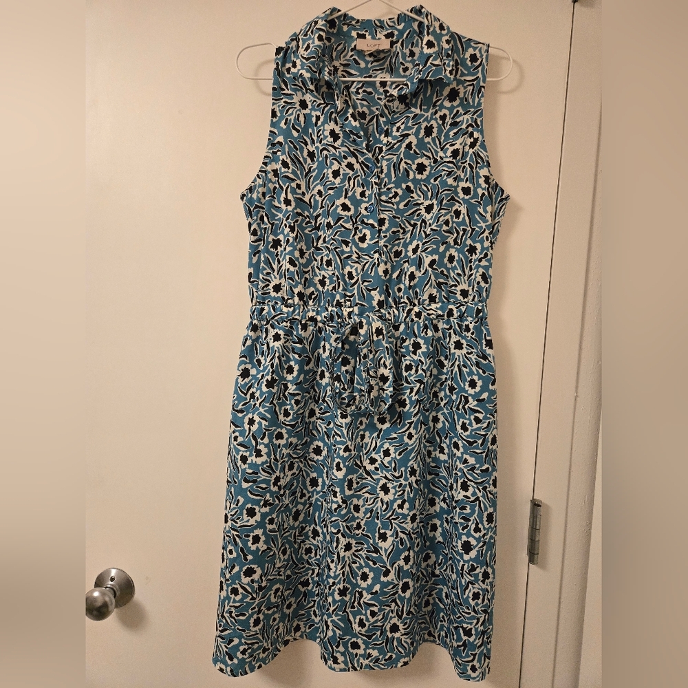 LOFT‎ Floral Sleeveless Belted Blue Dress